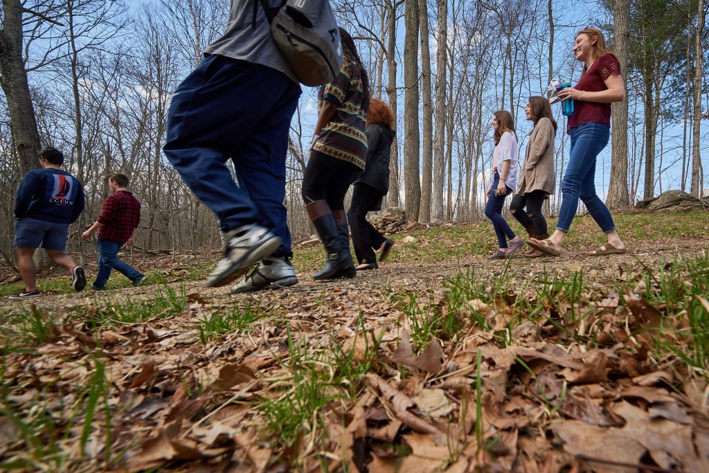 A group hike following the reopening of the Hillside Environmental Education Park trail nearthe Innovation Partnership Building on April 26, 2018. UConn hosts a number of living laboratories such as the UConn Forest and the Hillside Environmental Education Park (HEEP). Once a landfill, HEEP has since been extensively remediated and now hosts a rejuvenating ecosystem and wildlife habitat. (Peter Morenus/UConn Photo)