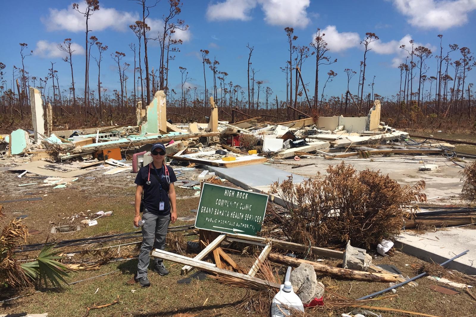 UConn's Dr. Natalie Moore in the Bahamas at the site where a hospital stood before Hurricane Dorian. Moore and Amanda Ramsdell from the UConn Health Emergency Department are working with the International Medical Corps, which is establishing a tent hospital to care for patients on Grand Bahama Island. (Submitted Photo)