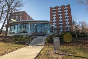 McMahon Residence Hall and McMahon Dining Hall on Jan. 11, 2019. UConn is home to 23 LEED certified or registered buildings. In 2016 the Board of Trustees raised UConn’s minimum green building standard from LEED Silver to LEED Gold in an effort to achieve carbon neutrality by 2050. Other LEED buildings on campus include Laurel Hall, McMahon Dining Hall, the new Student Recreation Center, and the Gant Complex renovations. (Sean Flynn/UConn Photo)