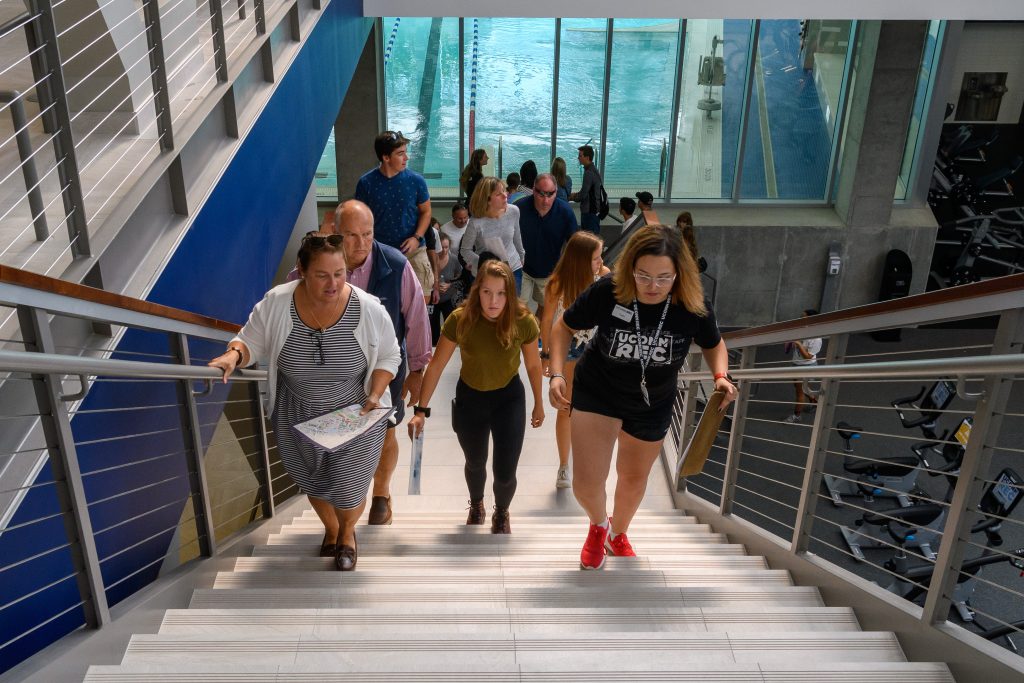 Taylor Harton '23 (CLAS) gives tours of the new Recreation Facility on Prospective Students Open House on Sept. 21, 2019. (Lucas Voghell/UConn Photo)