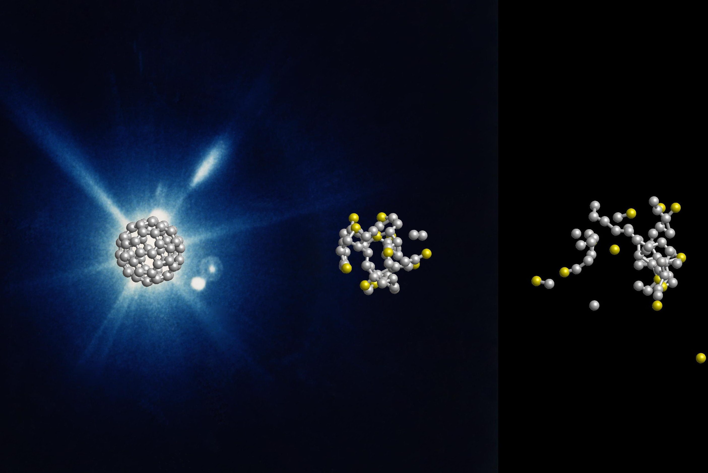 Computer simulated evolution of a C60 molecule at 0, 60 and 240 femto seconds after the X-ray flash. (Zoltan Jurek/Submitted Photo)
