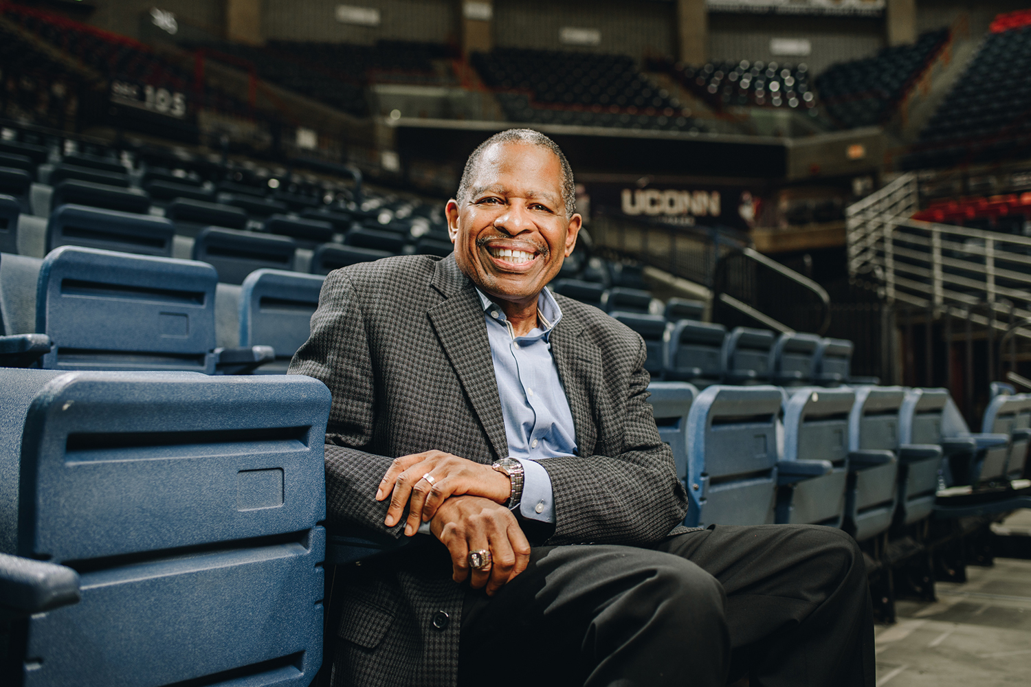 Patrick Harris ’70 (BUSN) returned to UConn this week to speak about diversity at the Rosenberg-McVay Business Leadership Luncheon, as well as to address students from UConn’s Scholars House. (Nathan Oldham / UConn School of Business)