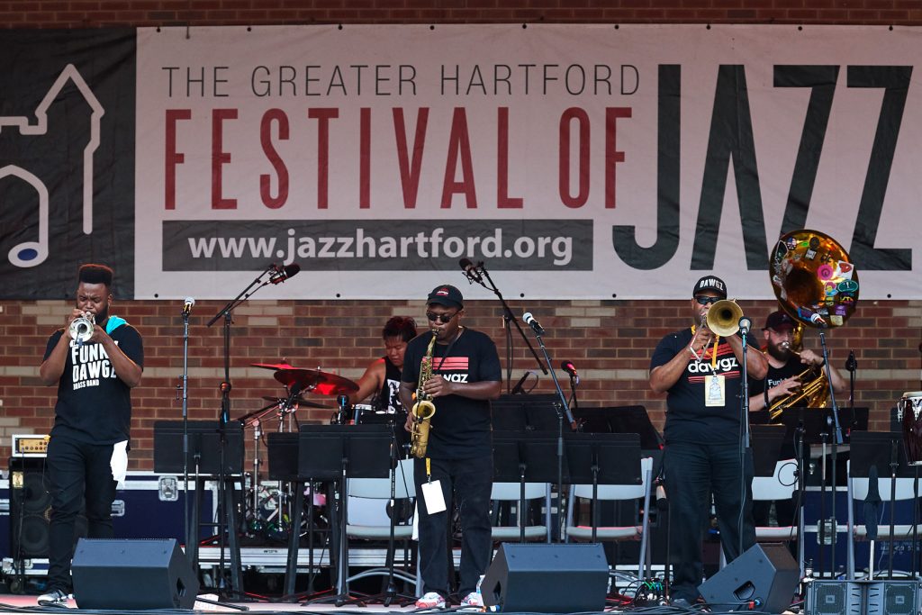 At Hartford Jazzfest this summer left to right: Jeremy Baouche ’19 (ENG), Aaron Eaddy ’14 (ENG), Singngam, Walters, Marsters, and McNeill.