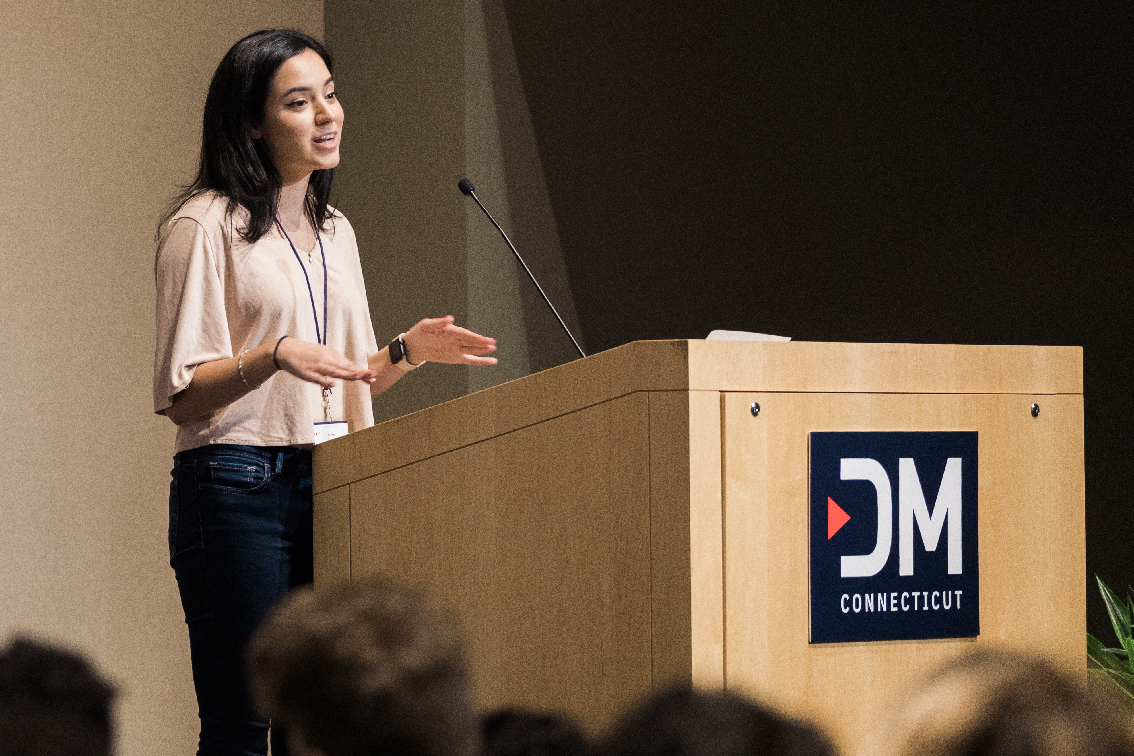Carlotta Charles, user interface/user experience (UI/UX) designer with Cigna Health, spoke to students, faculty and industry professionals during the Digital Media CT Summit held at UConn’s Stamford campus. (Cat Boyce SFA ‘15, ’19/ UConn Photo)