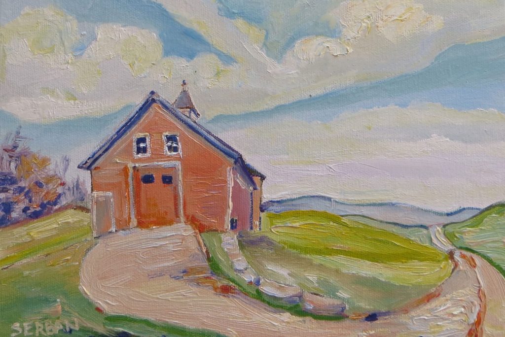 The barn sits watchful by the road (or The Barn), oil by Blanche Serban.