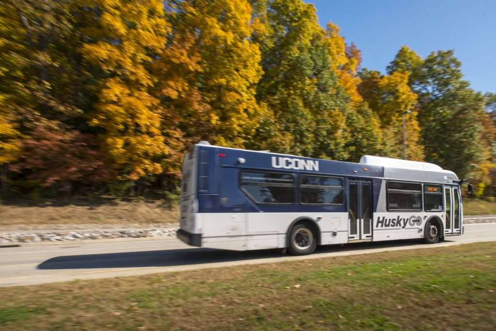 HuskyGo transportation shuttle bus on Discovery Drive. (Sean Flynn/UConn Photo)