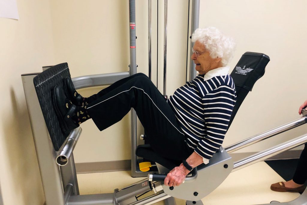 Ruth Vaccaro, 94, of South Glastonbury, does leg presses at UConn Health.