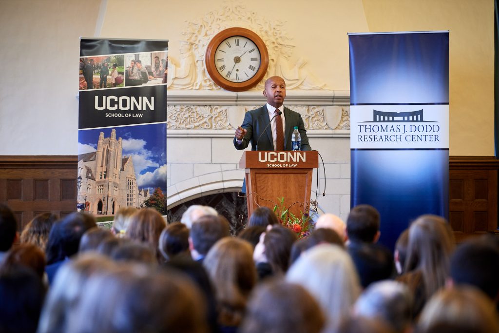 Bryan Stevenson, founder of the Equal Justice Initiative, the recipient of the 2019 Thomas J. Dodd Prize, speaks at Starr Hall at UConn Law School in Hartford on Nov. 7, 2019. (Peter Morenus/UConn Photo)