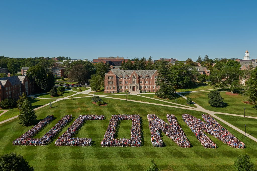 The Class of 2023 poses for a photo on the Great Lawn on Aug. 24, 2019. (Peter Morenus/UConn Photo)