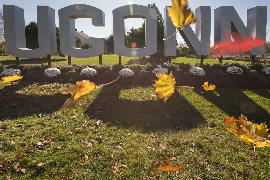 The UConn sign on Rte. 195 that marks the entrance to campus