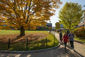 Students walk on campus as trees display fall color