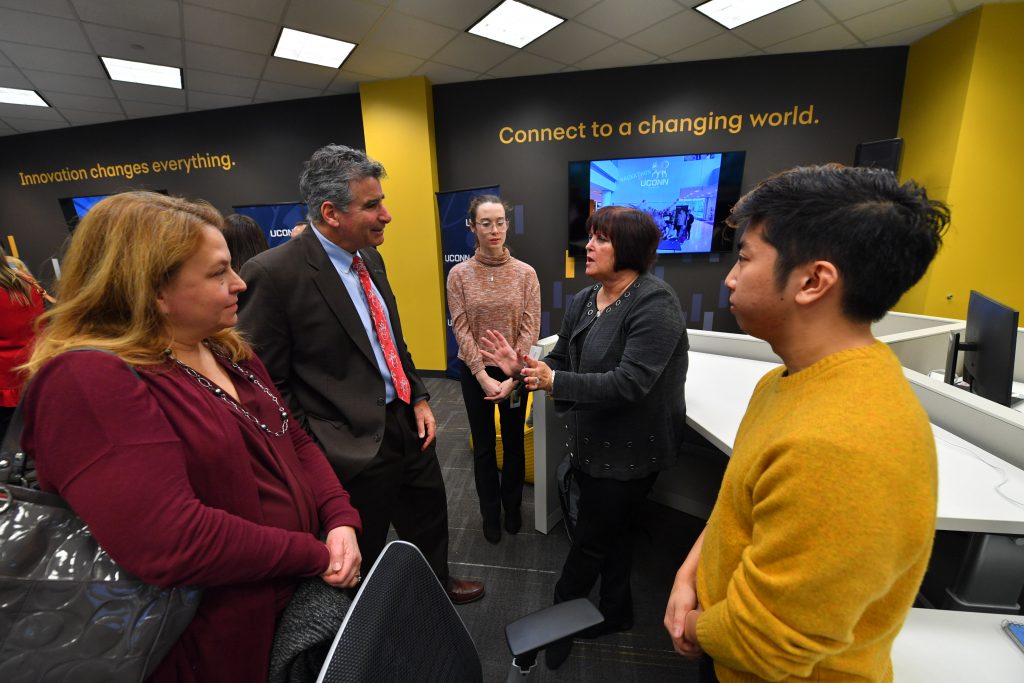 Synchrony CEO Margaret Keane speaking with UConn President Thomas Katsouleas.