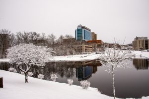The UConn Health main campus in Farmington, Connecticut after a snowfall on December 11, 2019. (Tina Encarnacion/UConn Health photo)