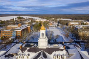 Aerial drone views of the first snowstorm of the semester on Dec. 3, 2019. (Tom Rettig/UConn Photo)