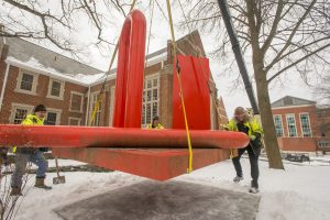 After a long journey, the sculpture is finally in place on the Storrs campus. (Sean Flynn/UConn Photo)
