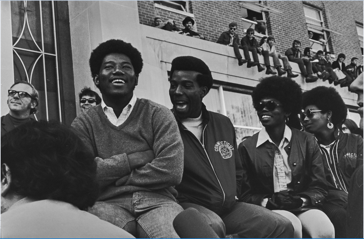 A group of students in front of the Student Union during an antiwar protest on October 15, 1969.