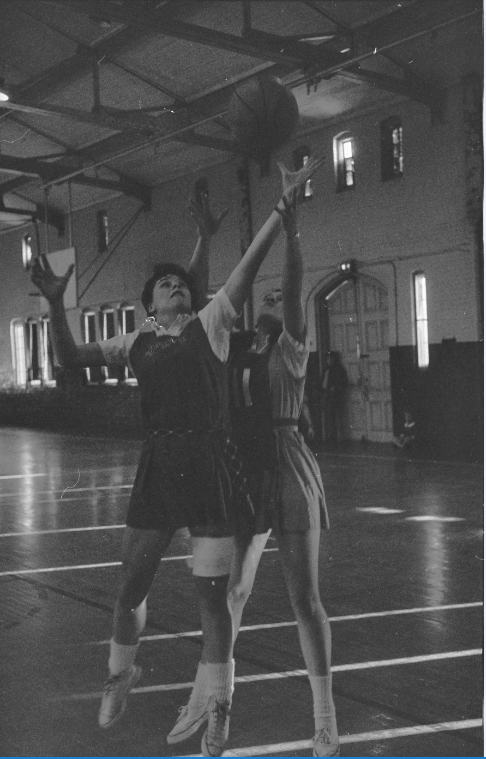 A 1969 of a moment in a women's basketball game between UConn and Springfield College.
