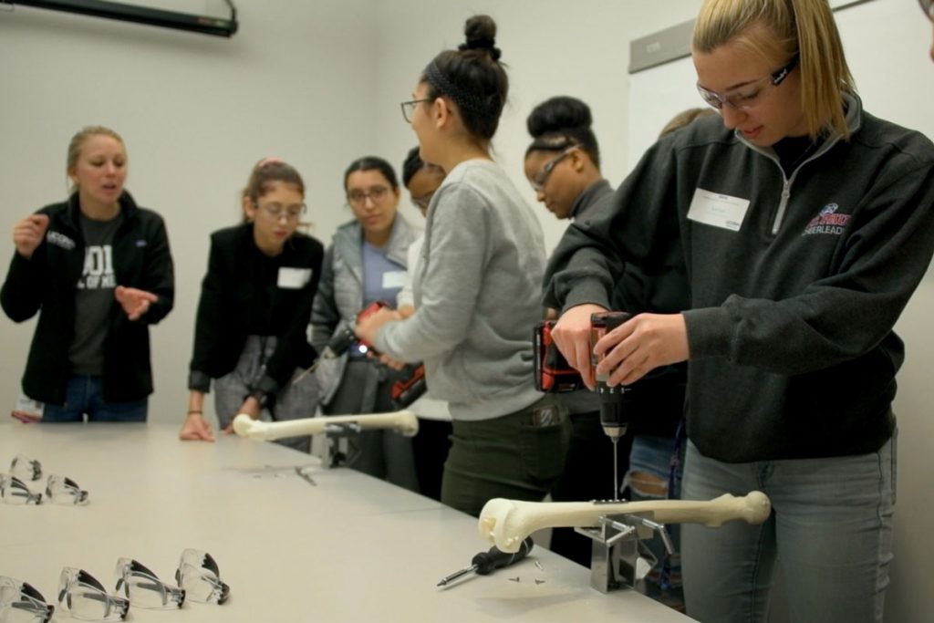 Six students and an instructor, two students with drills working on bone model repair