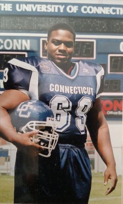 A photograph of Professor Clewiston Challenger in his undergraduate days, as a UConn football player.