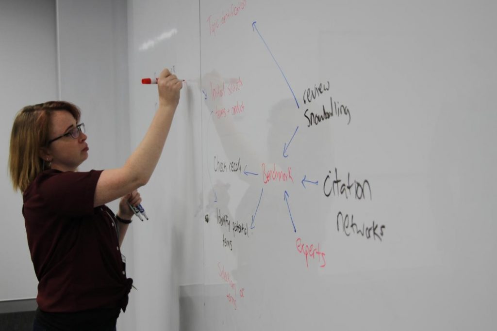 Eliza Grames, a UConn PhD candidate, works on solutions at the Evidence Synthesis Hackathon in Australia in 2019. (Courtesy of Neal Haddaway)