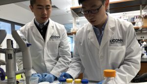 Liming Chen works in lab with a student UConn Pharmacy