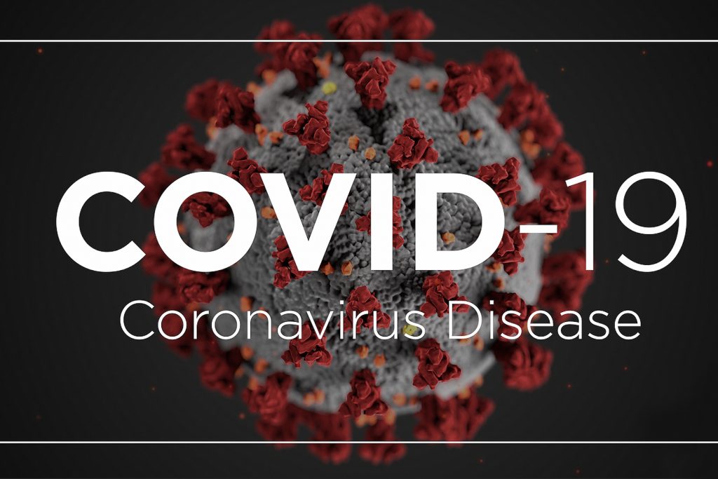 A logo with a close-up coronavirus microbe.