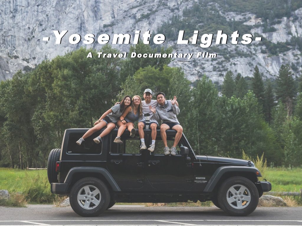 A still from the student-made documentary showing the four students posing together on top of the car they drove to Yosemite National Park.