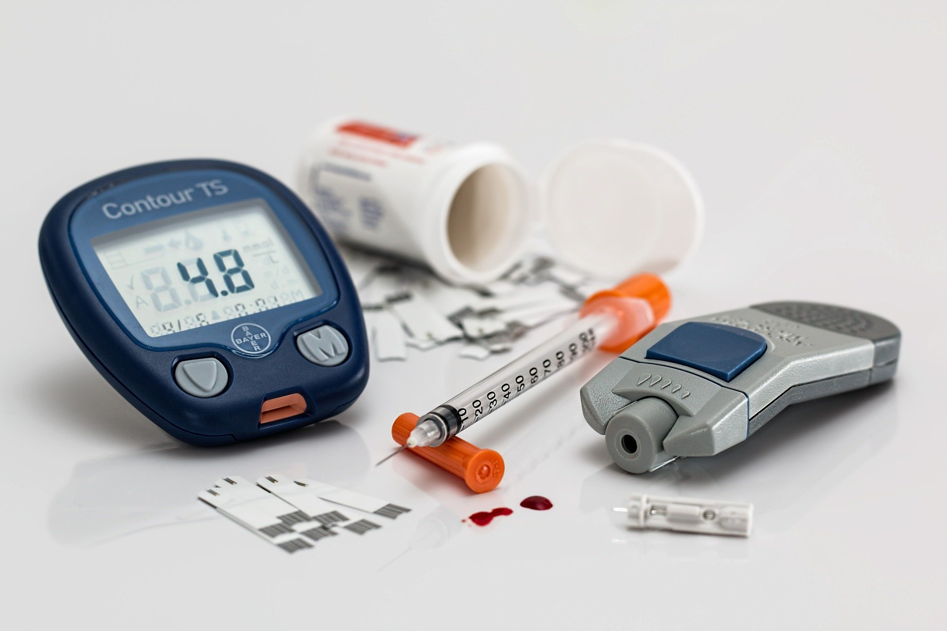 Diabetes testing materials displayed on a table