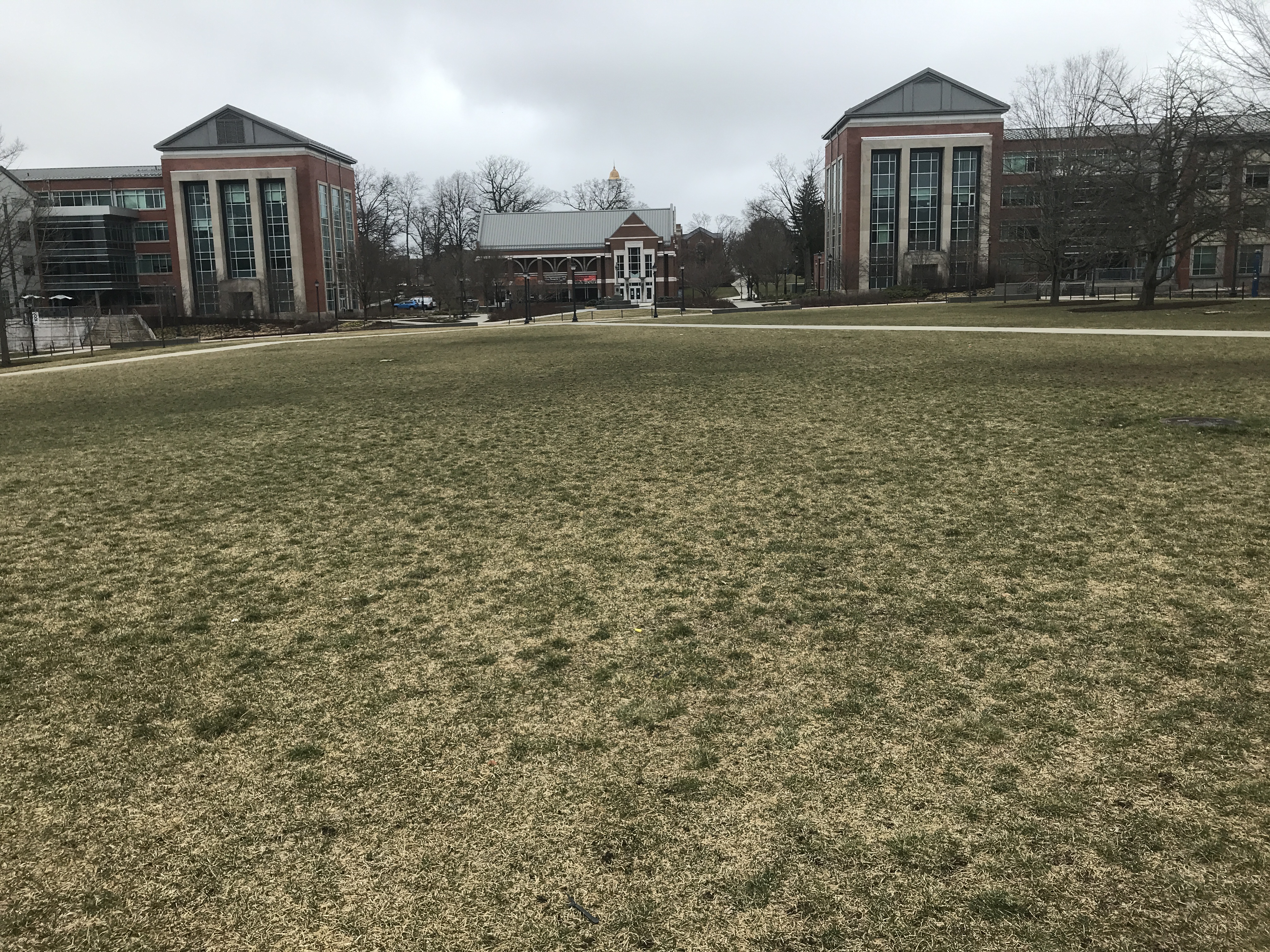 The quad behind the Student Union is deserted since classes moved online and students were sent home.