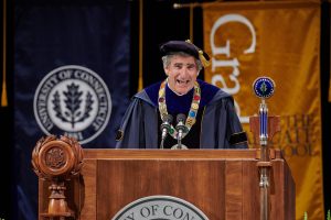 President Thomas Katsouleas speaks during the virtual Commencement ceremony broadcast from the Jorgensen Center for the Performing Arts on May 9, 2020. (Peter Morenus/UConn Photo)