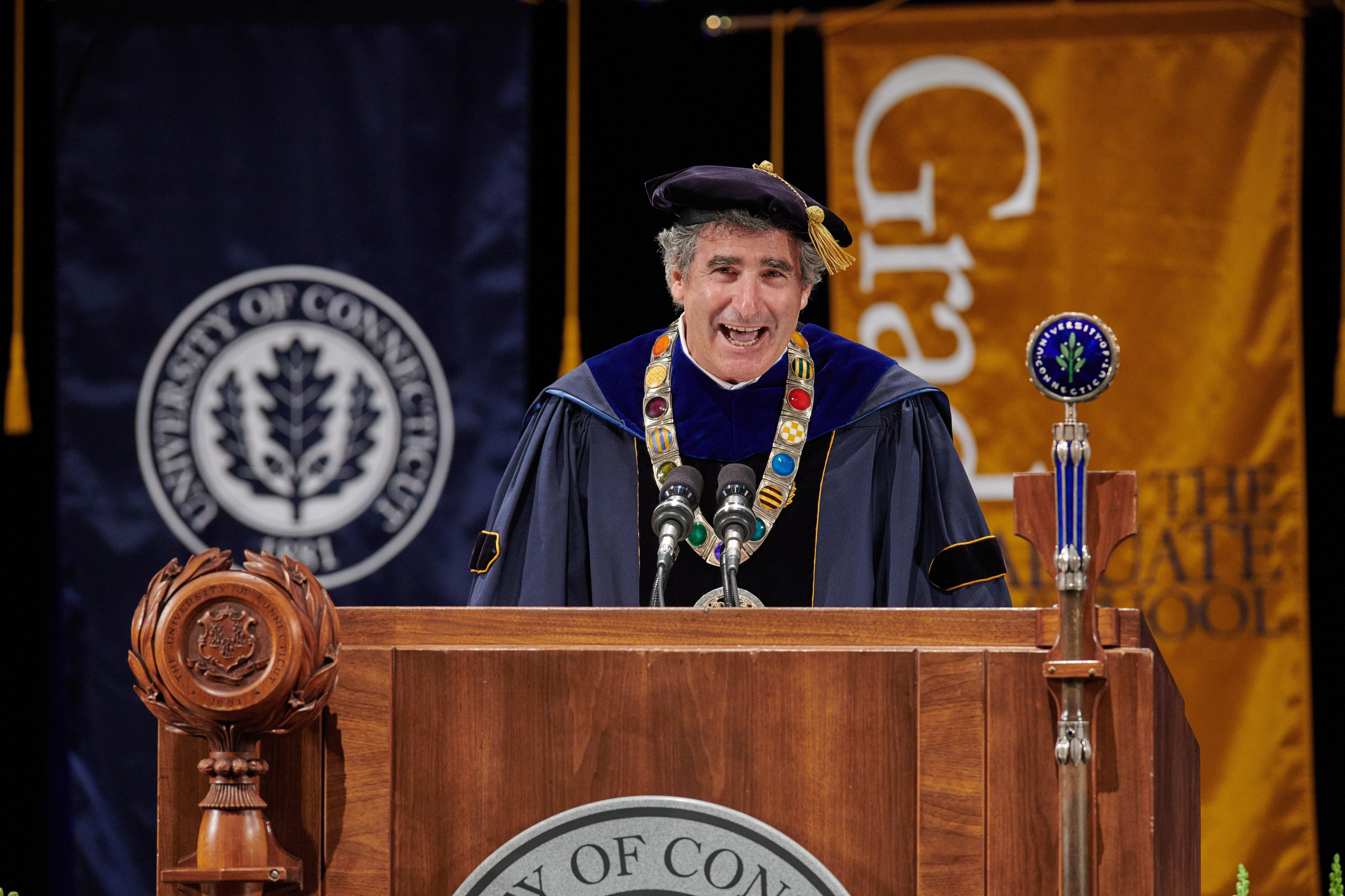 President Thomas Katsouleas speaks during the virtual Commencement ceremony broadcast from the Jorgensen Center for the Performing Arts on May 9, 2020.