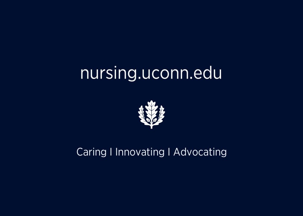 Navy blue graphic that reads, nursing.uconn.edu and "caring, innovating, advocating" in white text and features the UConn oak leaf insignia, also in white