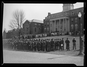 ROTC members are among the UConn students gathered in 1945 at a memorial service for President Franklin Roosevelt during World War II.