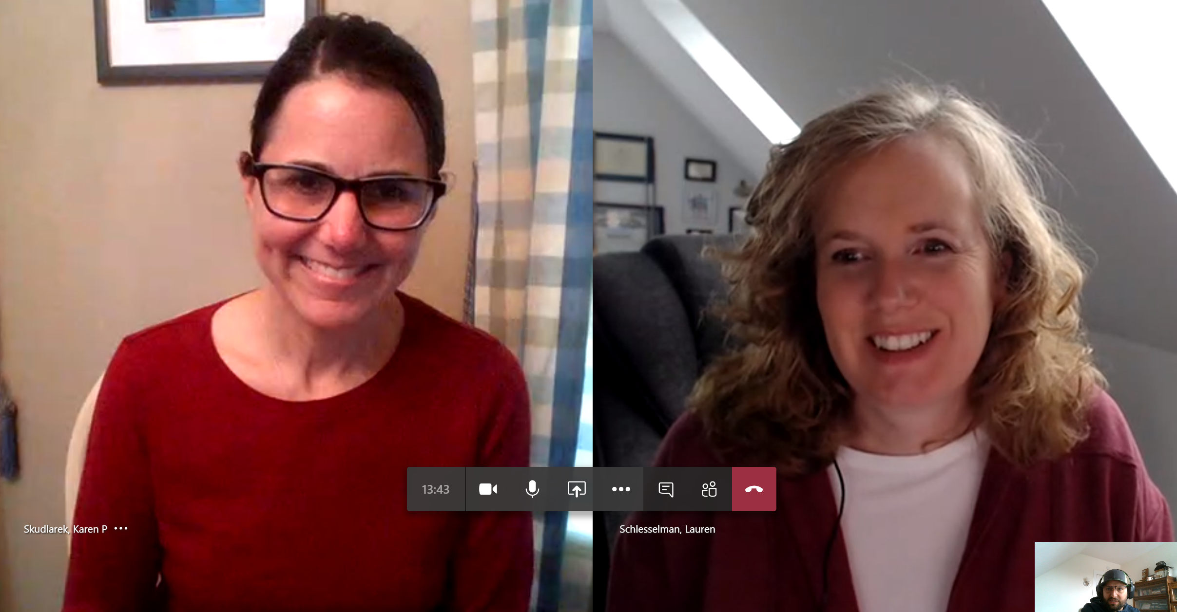 Karen Skudlarek, left, and Lauren Schlesselman conduct an online meeting.