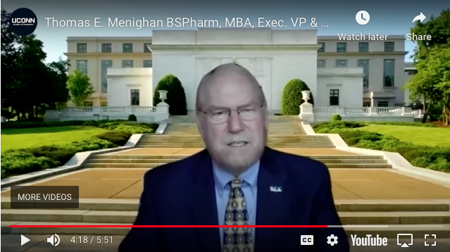 Screen shot of Thomas Menhigan speaking during UConn School of Pharmacy's Virtual Commencement