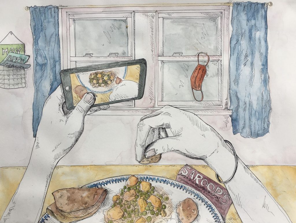 An illustration by the artist Simi Kang of a reflection written by Tamanna Brar '20 (CLAS): "I also feel blessed that my family can make home-cooked meals. In other words, my family is Punjabi therefore we cook Punjabi food that is enough for all of us at this time," it reads in part.