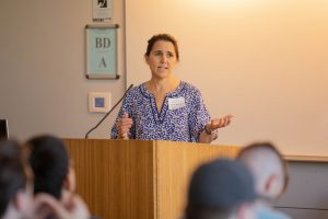 Prior to the pandemic, Karen Skudlarek provides education technology presentations at UConn new faculty orientations.
