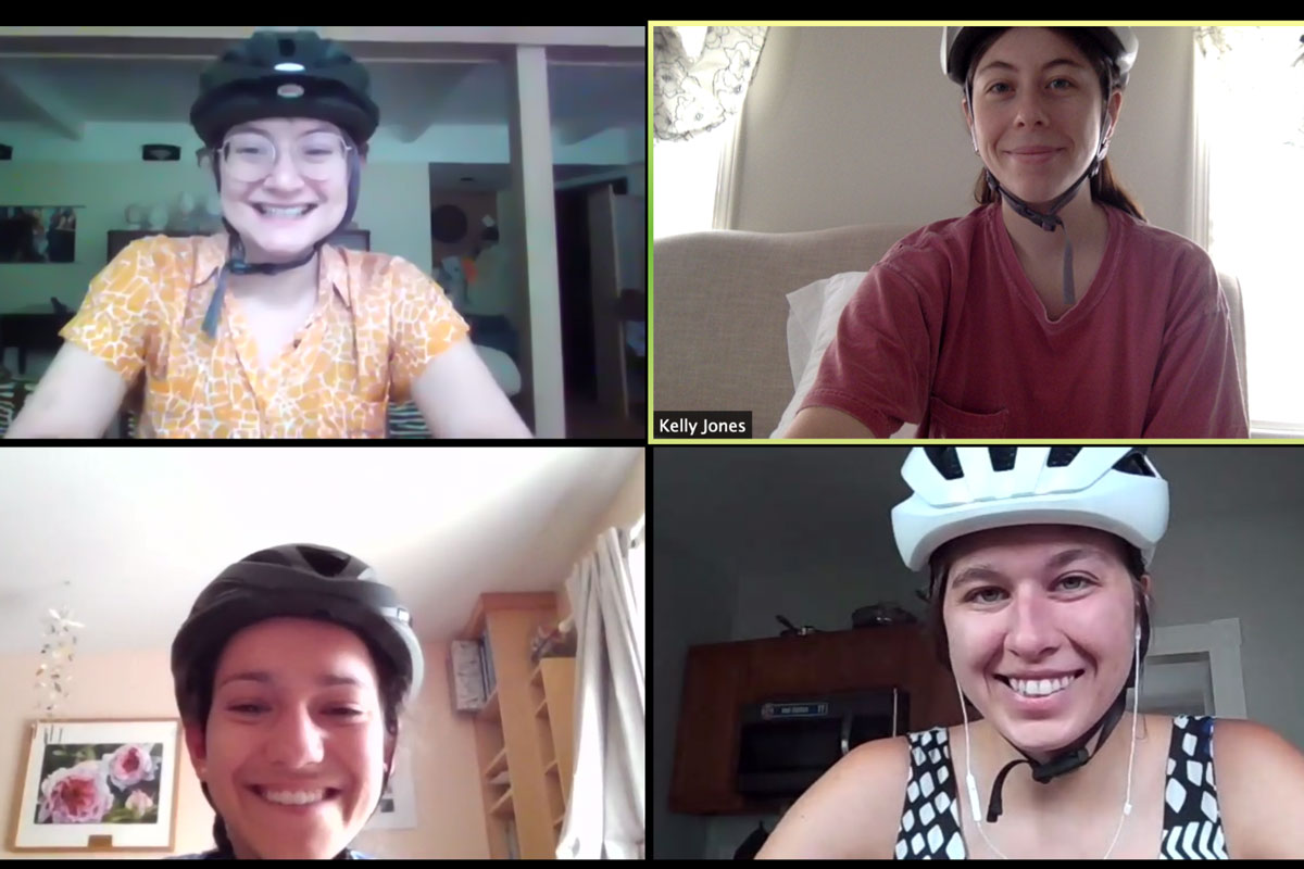 Web conference screen grab with the students wearing bike helmets