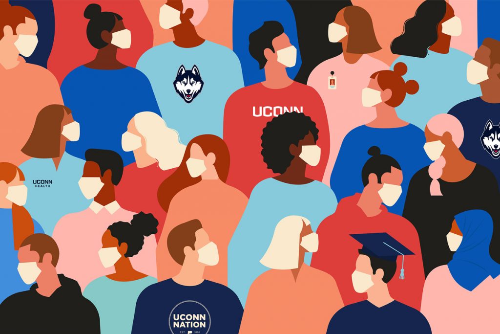 Animated UConn students wearing masks.