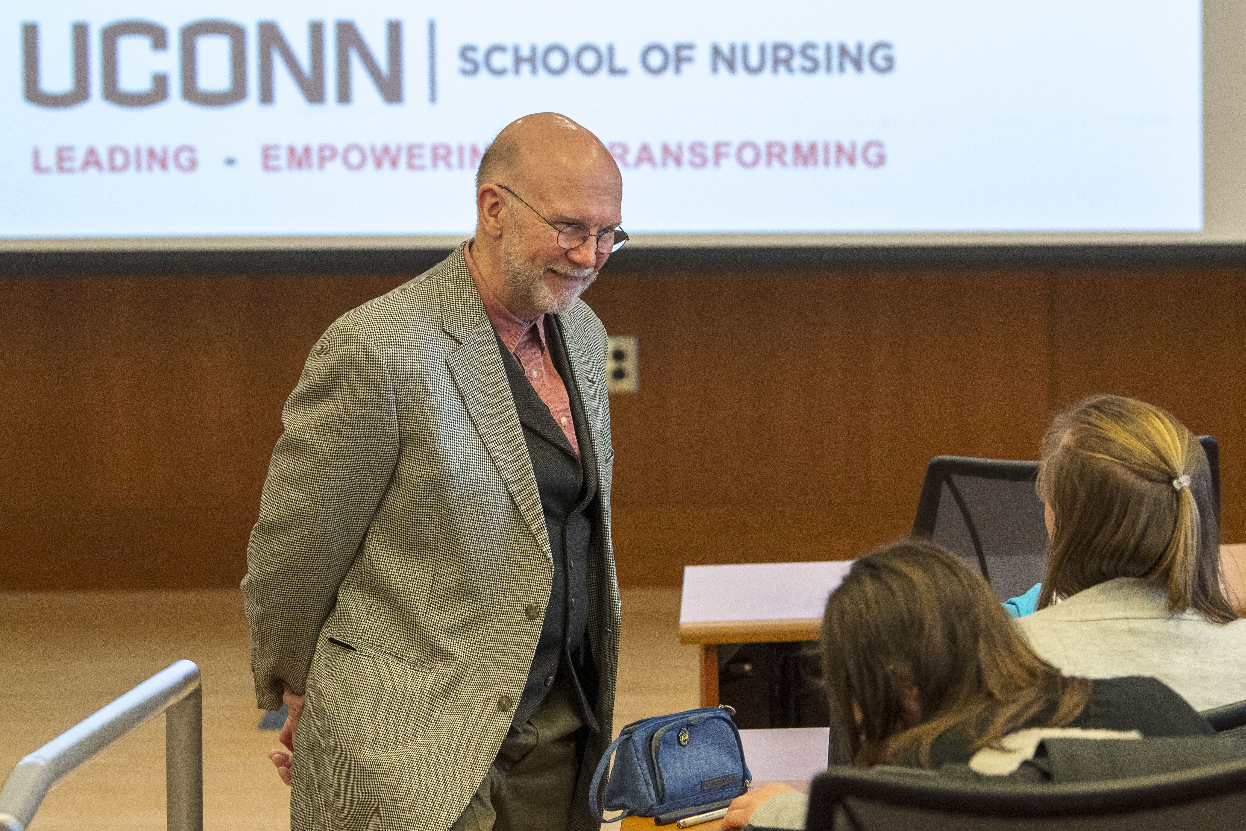 Professor Thomas Long gives a lecture in the Widmer Wing of the School of Nursing on Feb. 4, 2019.
