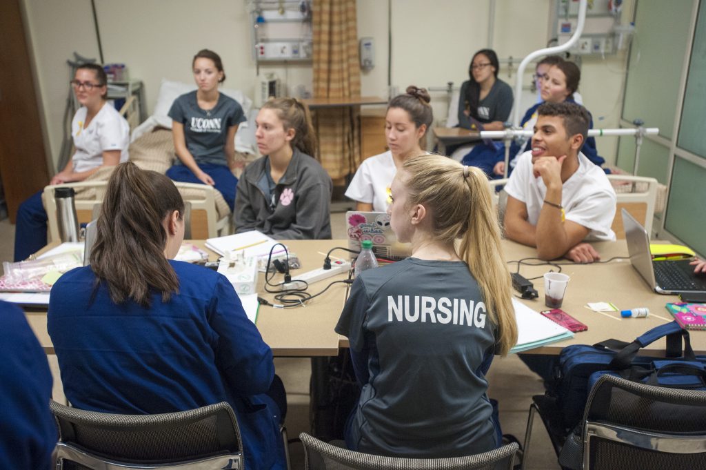 School of Nursing students in the Clinical Learning Simulation Center of the Widmer Wing of the School of Nursing.