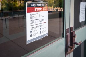 Covid 19 sign at the Chemistry Building on July 2. (UConn photo/SeanFlynn)