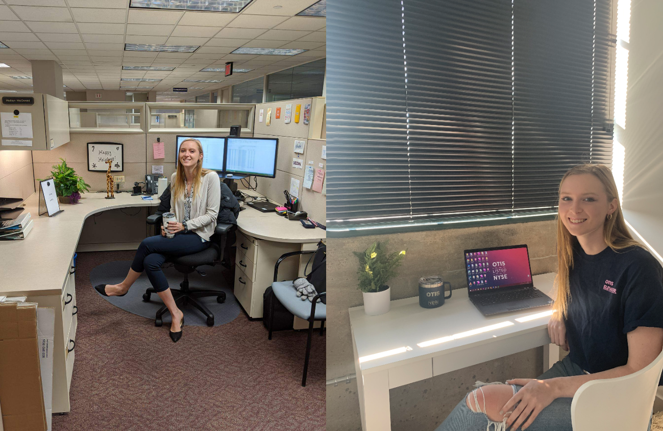 Side-by-side photos showing UConn student Madisyn MacDonald in the office of Otis Elevator, where she is an intern, and then at her desk at home. Her internship has continued remotely during the pandemic.