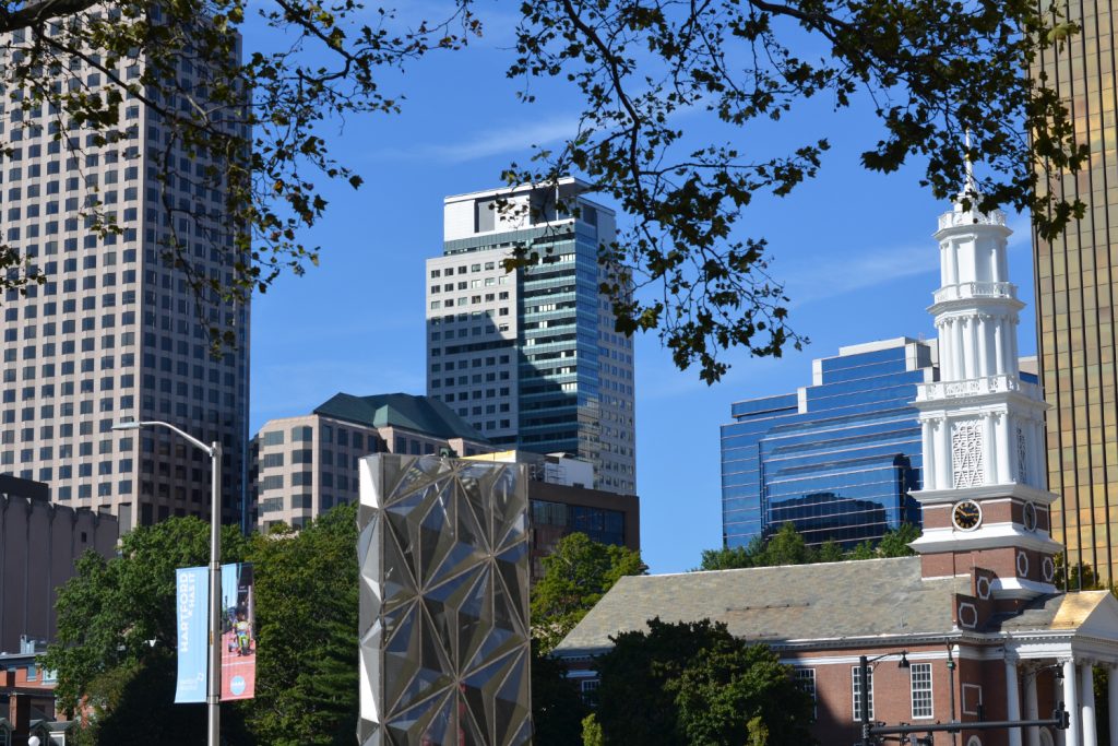 Part of the downtown Hartford skyline on a sunny day.