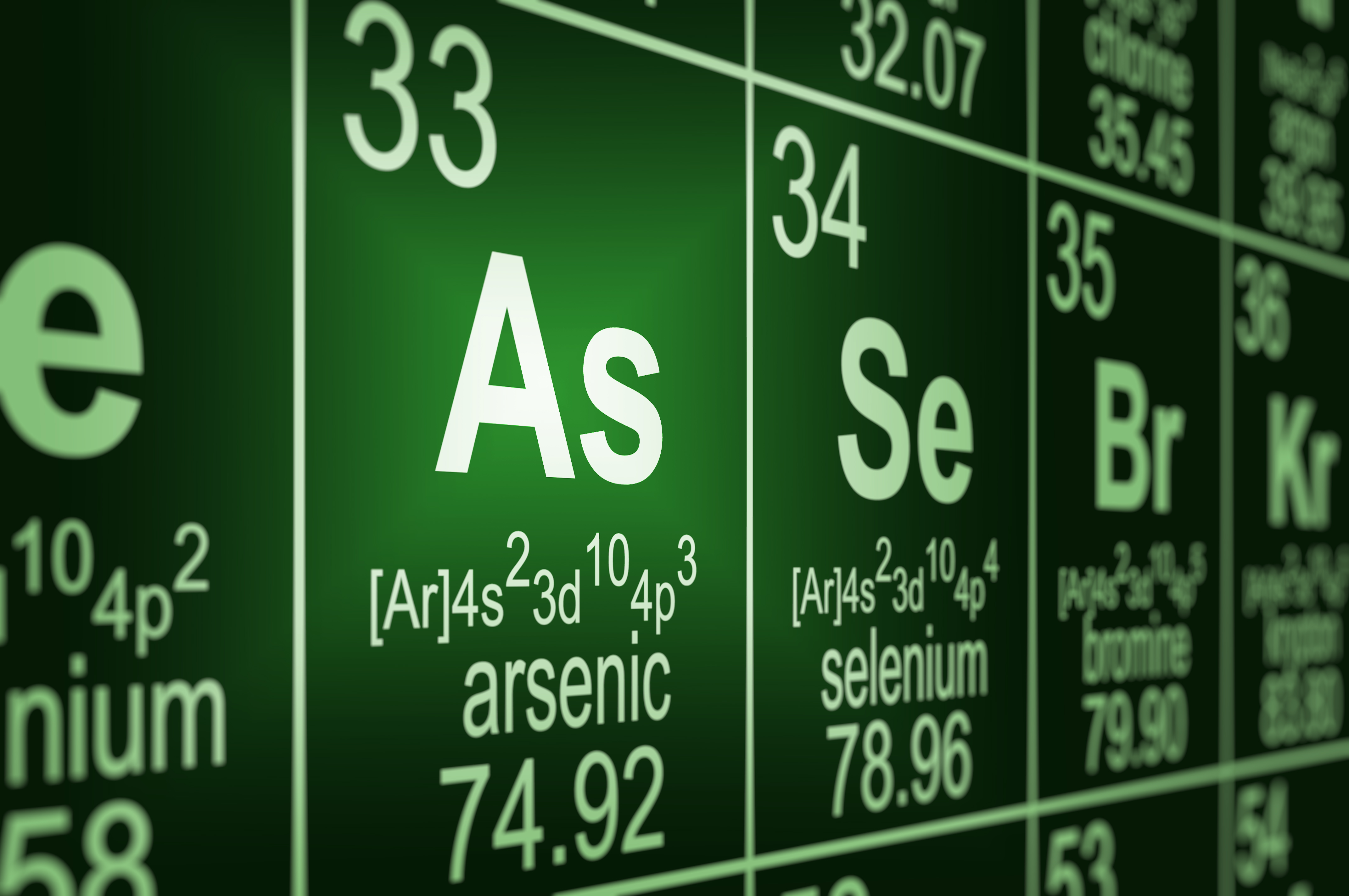 Detail of a partially blurred periodic table of the elements. Focus on arsenic