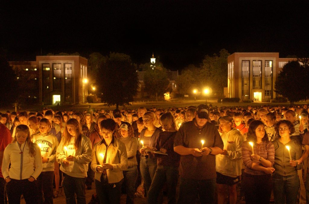 Students, faculty, and staff gathered on the Student Union Mall on the Wednesday following the Sep. 11 terrorist attacks.