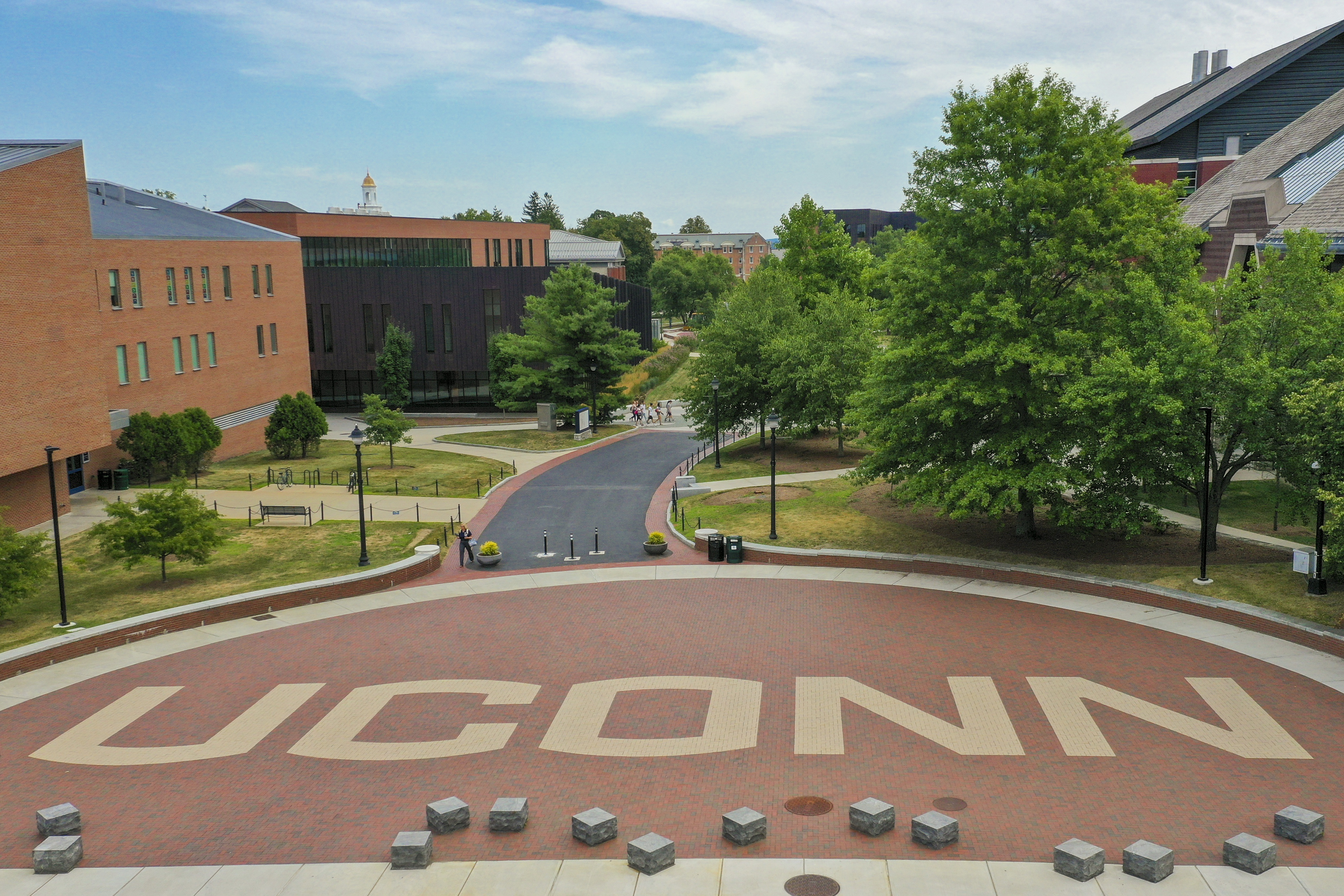 An aerial view of Fairfield Way, showing the word "UConn" spelled out in brick work.
