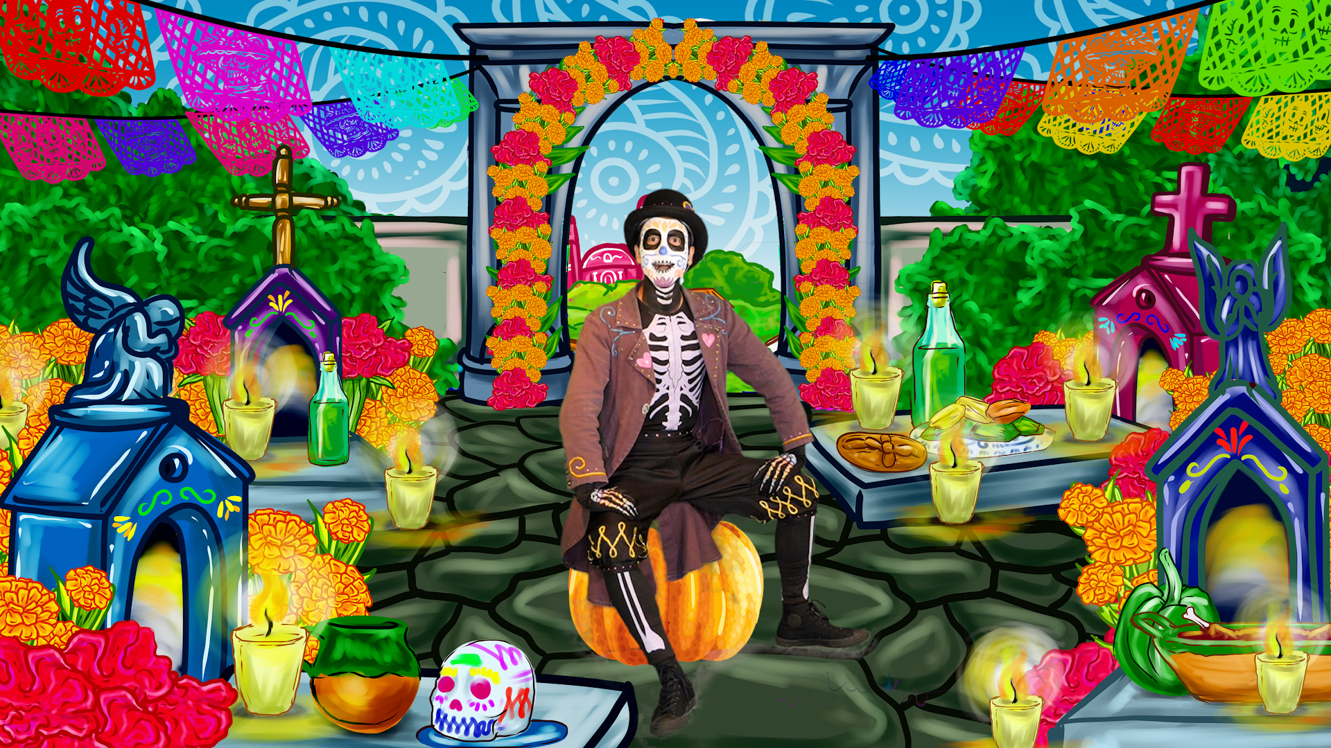 An actor attired as a garish Dia de los Muertos skeleton, appearing in the play "Sugar Skull"