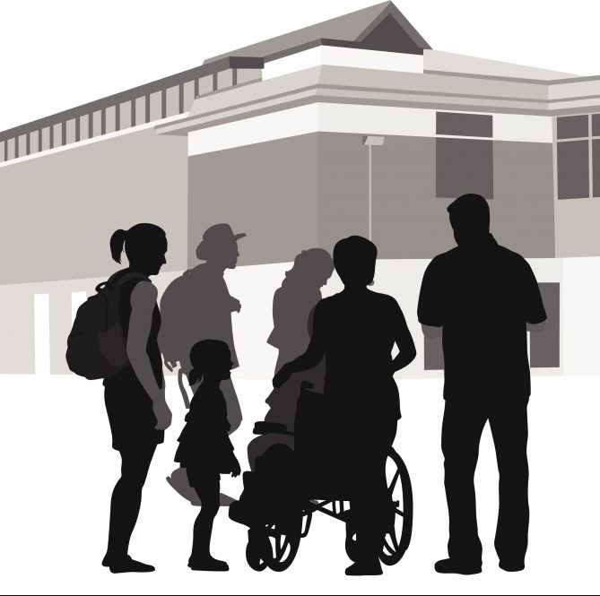 A silhouette vector illustration of several people gathered outside of a comminuty center. There is a young family with three children, a woman pushing a wheelchair, and a young woman waering a backpack with her young daughter.