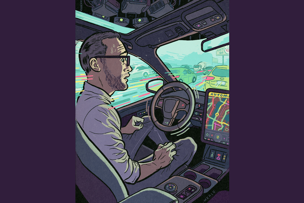 illustration of man sitting in the drivers seat of a self-driving car